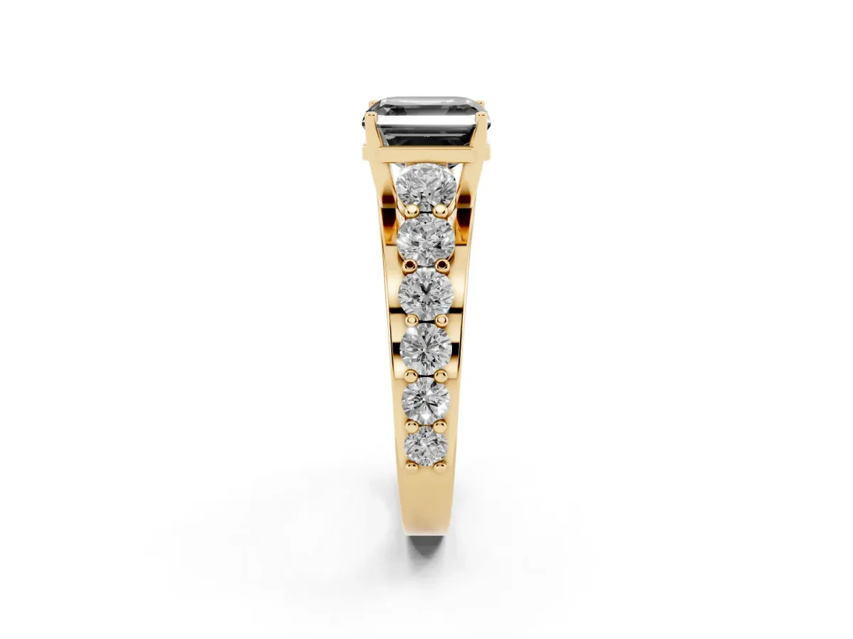 Fancy Black Asscher Cut Diamond Engagement Ring with Pavé Band and Four-Prong Setting Yellow gold