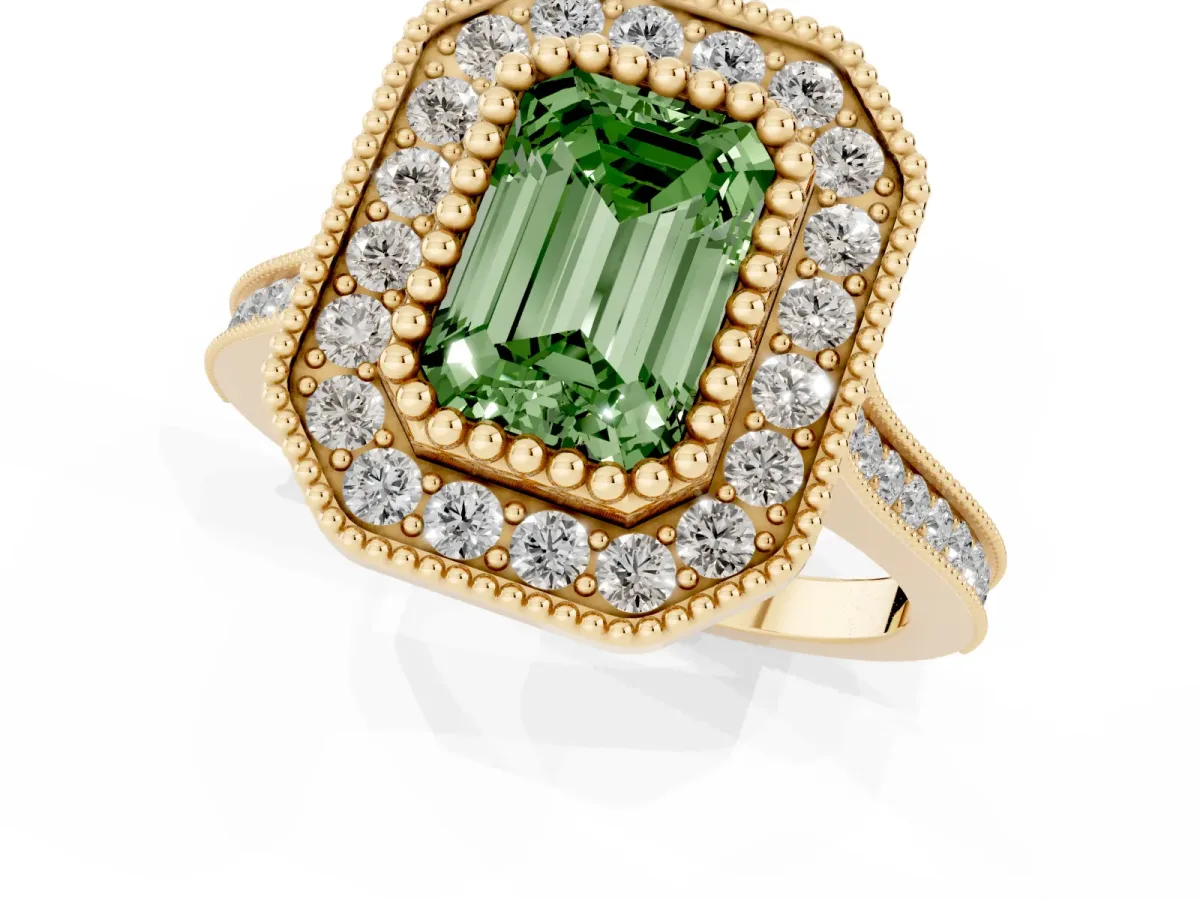 Fancy Green Emerald Cut Diamond Halo Ring with Milgrain Frame and Pavé Band Yellow gold