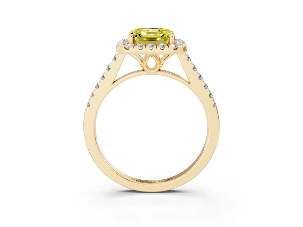 Fancy Yellow Asscher Cut Halo Pavé Diamond Engagement Ring with Four-Prong Setting Yellow gold
