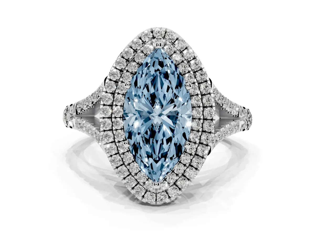 Fancy Blue Double Halo Marquise Cut Diamond Split Shank Engagement Ring with Four-Prong Setting Silver