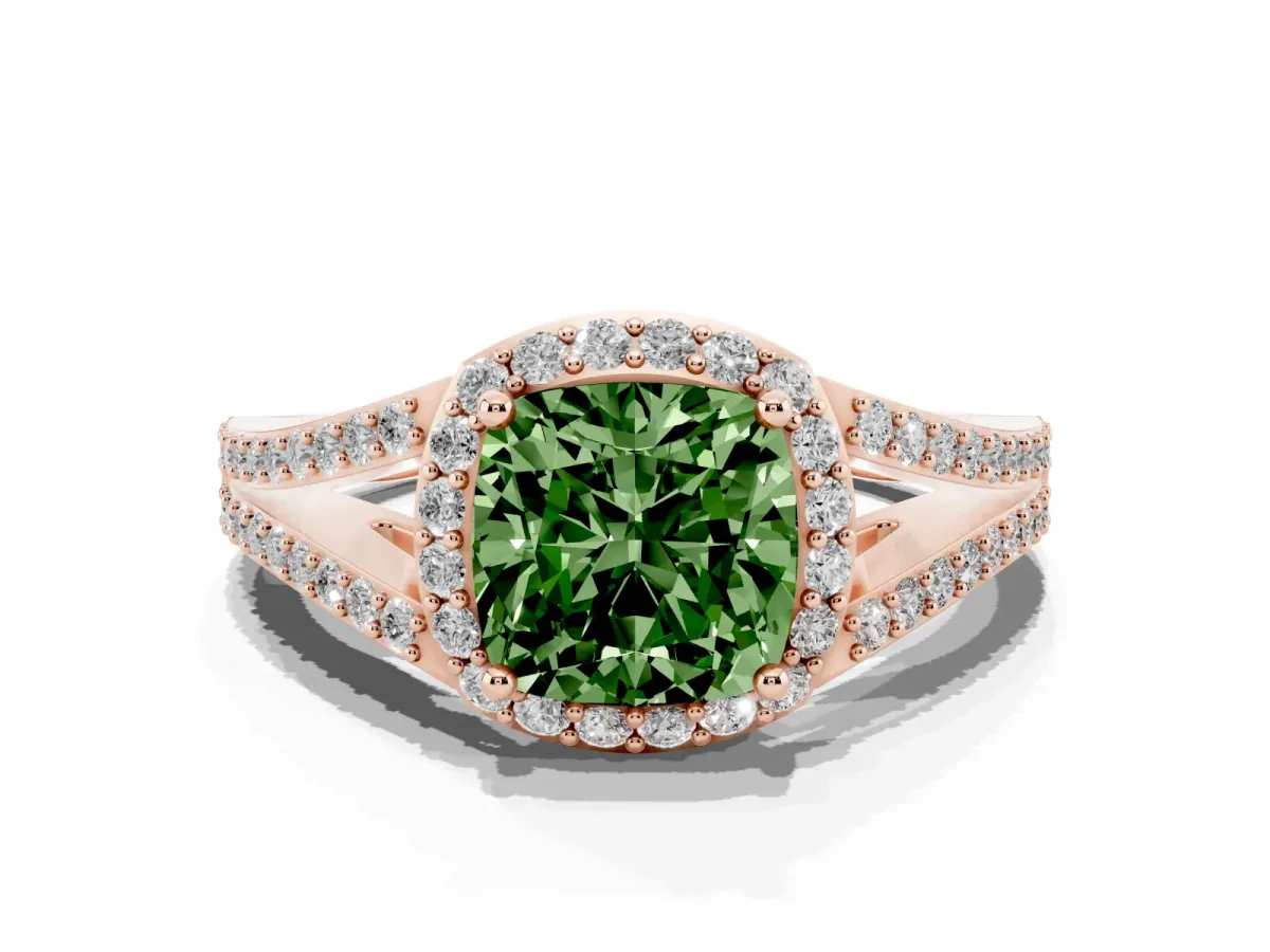 Fancy Green Cushion Cut Halo Split Shank Diamond Ring with Prong Setting Rose gold