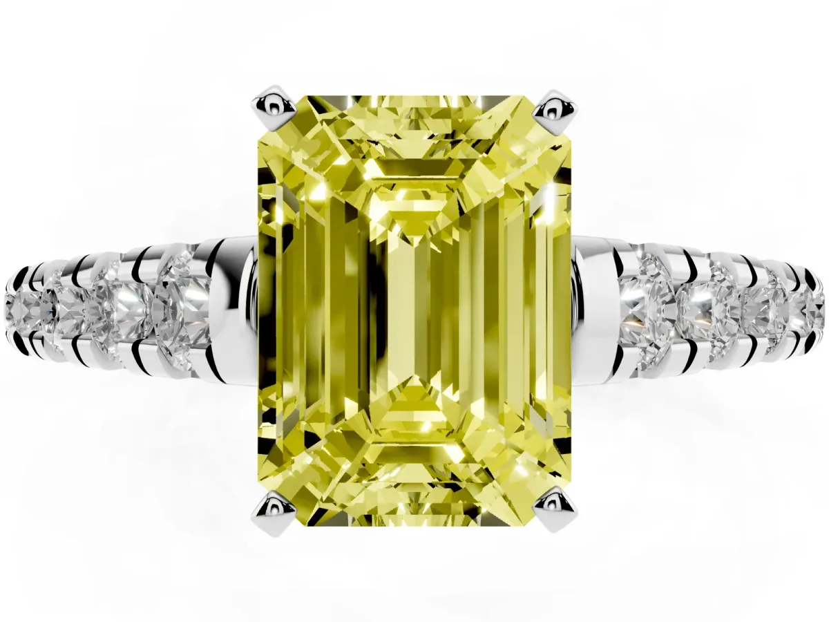 Fancy Yellow Emerald Cut Diamond Cathedral Solitaire Ring with Round Pavé Band Silver