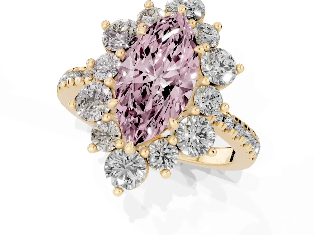 Fancy Pink Marquise Cut Diamond Floral Halo Ring with Round Pavé Band and Prong Setting Yellow gold