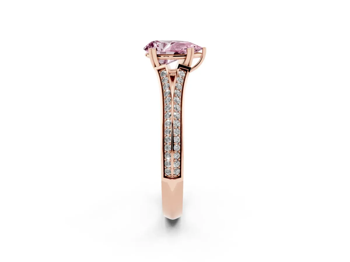 Fancy Pink Pear Cut Diamond Split Shank Engagement Ring with Pavé Band Rose gold