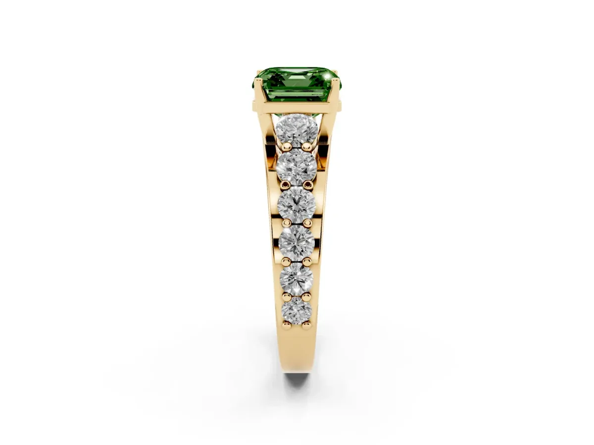 Fancy Green Asscher Cut Diamond Engagement Ring with Pavé Band and Four-Prong Setting Yellow gold