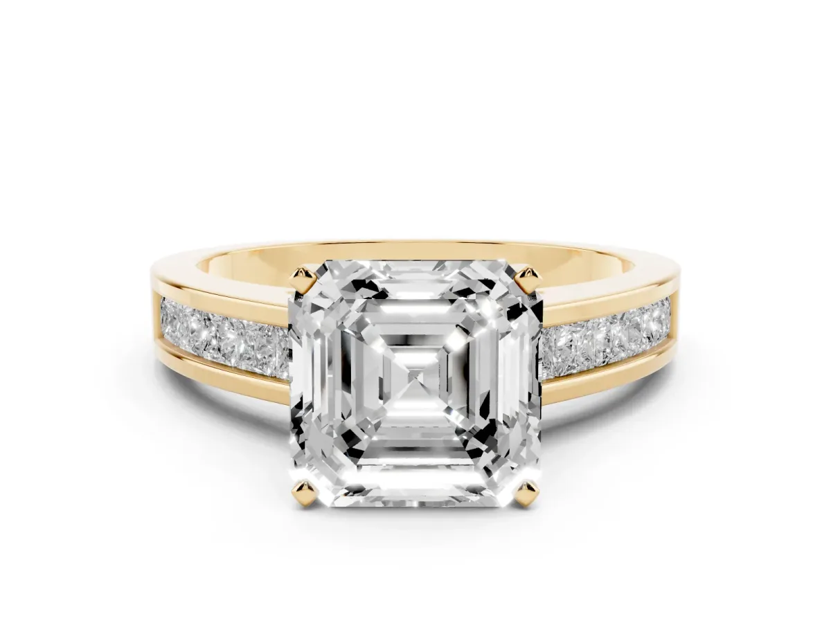 Asscher Cut Solitaire Diamond Ring with Channel-Set Band and Four-Prong Setting Yellow gold
