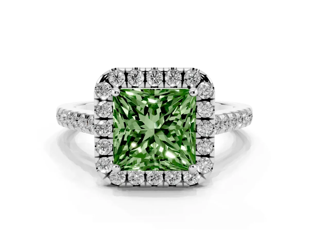 Fancy Green Princess Cut Halo Pave Diamond Engagement Ring with Four-Prong Setting Silver