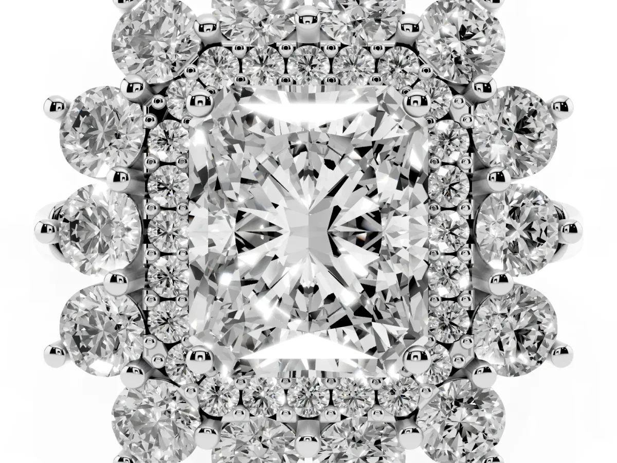 Radiant Cut Diamond Floral Double Halo Engagement Ring with Prong Setting White gold