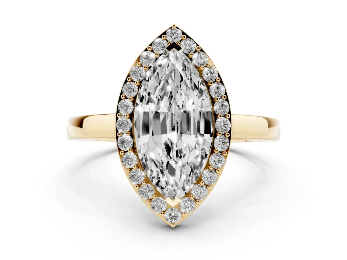 Marquise Cut Halo Diamond Ring with Solitaire Band and Prong Setting Yellow gold