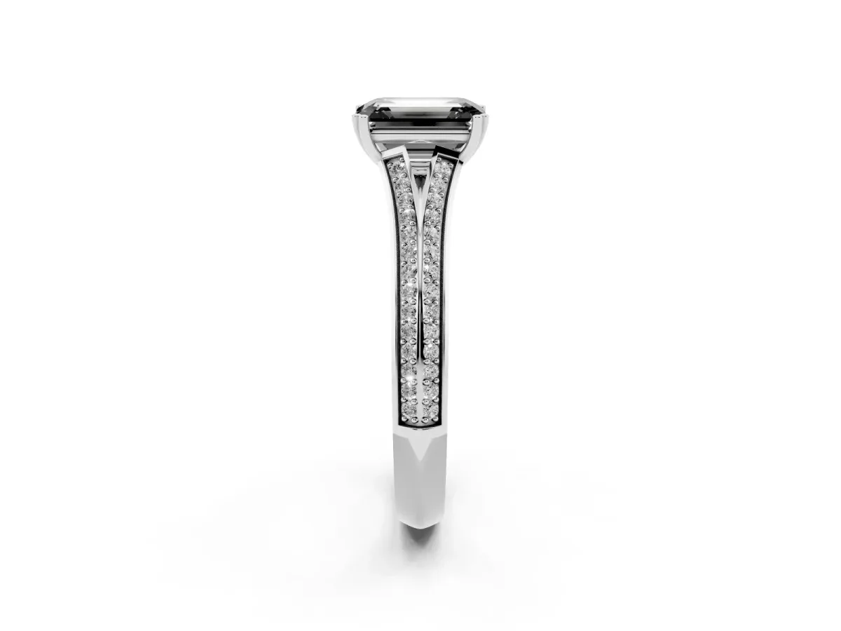 Fancy Black Emerald Cut Diamond Split Shank Engagement Ring with Pavé Band Silver