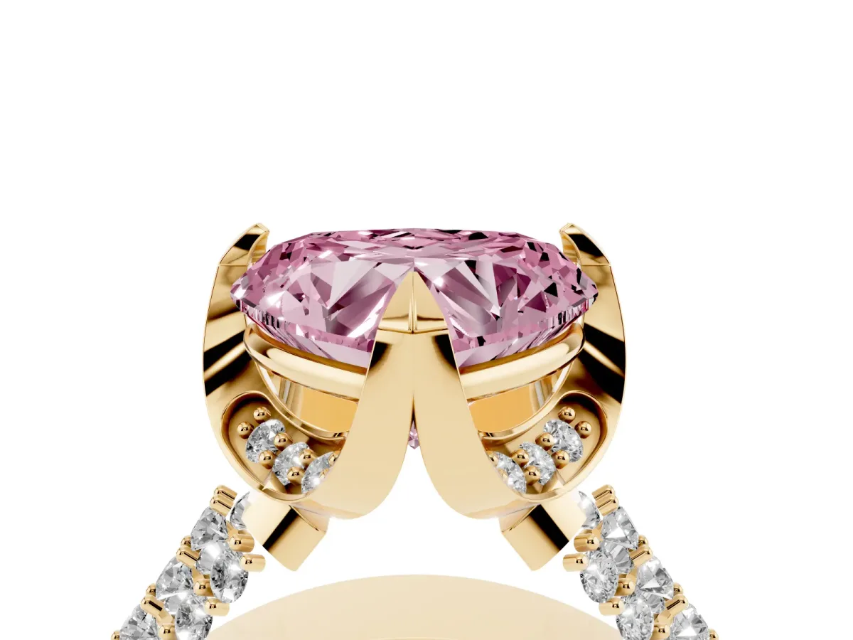 Fancy Pink Heart Cut Solitaire Pave Split Shank Ring with Four-Prong Setting Yellow gold