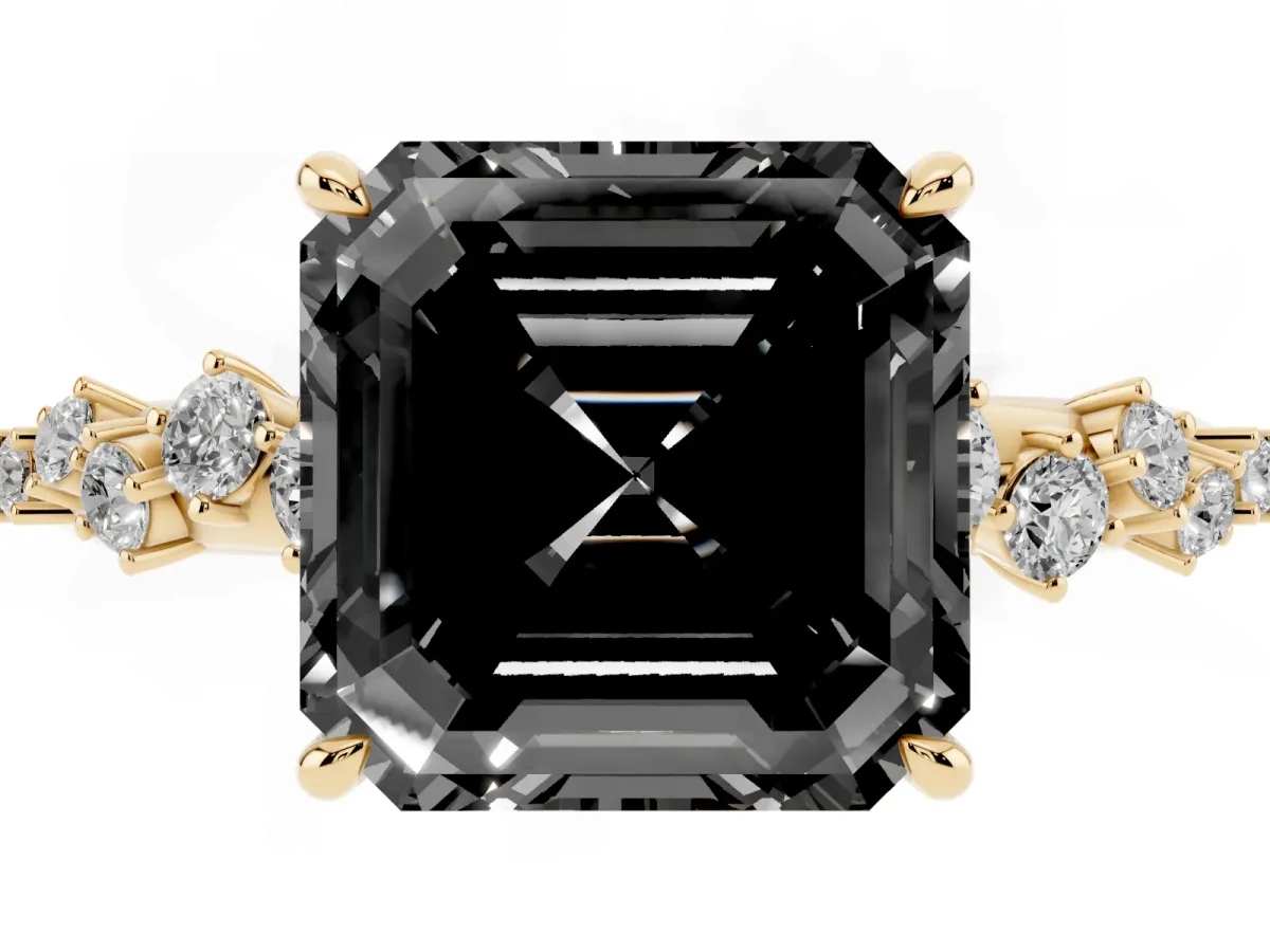 Fancy Black Asscher Cut Diamond Cluster Side Stone Solitaire Ring with Prong Setting Yellow gold