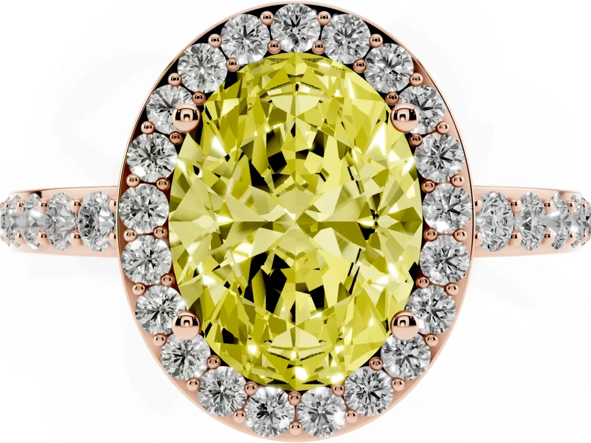 Fancy Yellow Oval Cut Halo Diamond Pavé Band Ring with Prong Setting Rose gold