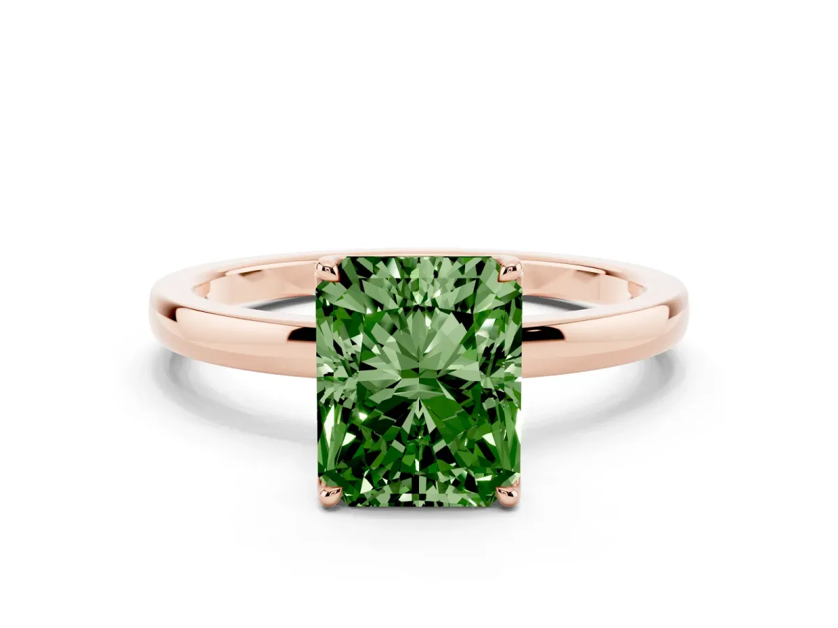 Fancy Green Radiant Cut Diamond Solitaire Ring with Thin Band and Prong Setting Rose gold