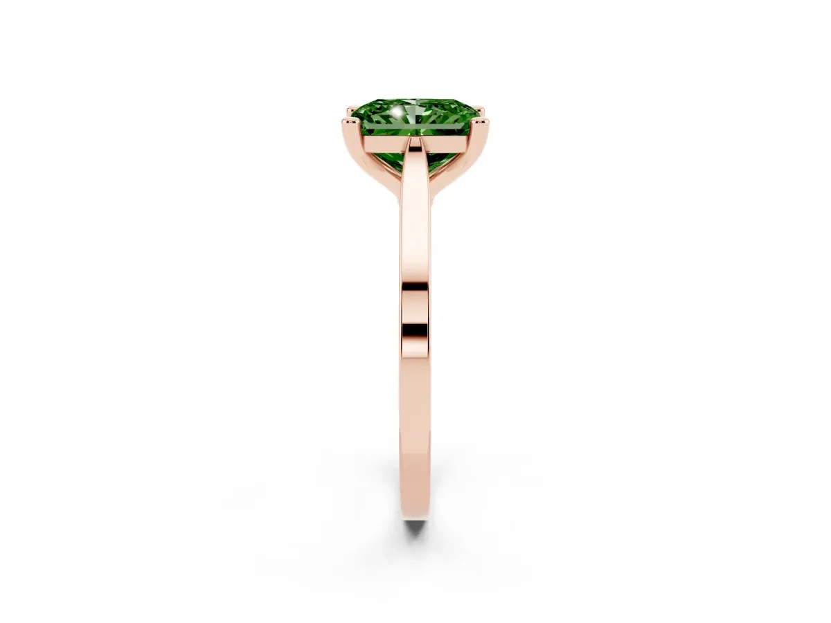 Fancy Green Radiant Cut Solitaire Diamond Ring with Four-Prong Setting and Tapered Band Rose gold
