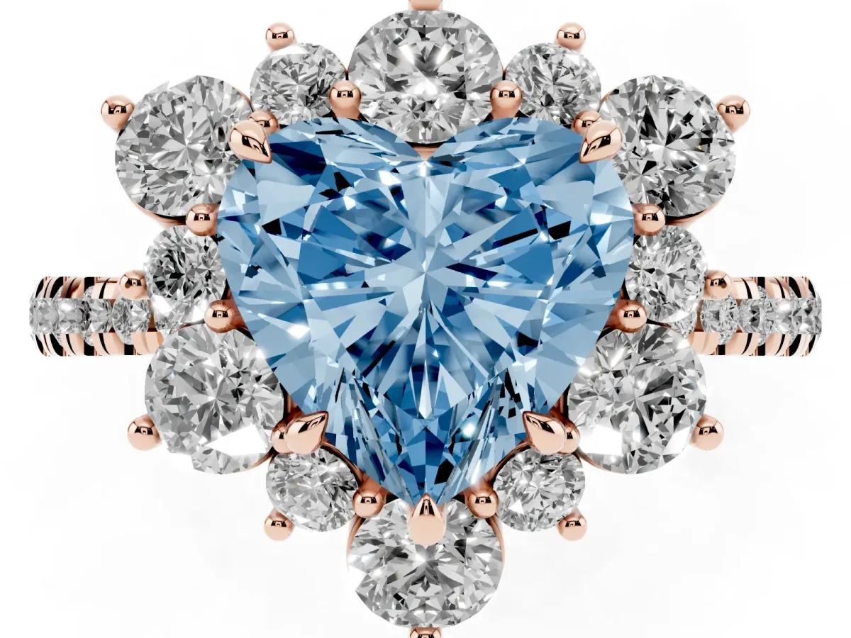 Fancy Blue Heart Cut Diamond Floral Halo Ring with Round Pavé Band and Prong Setting Rose gold