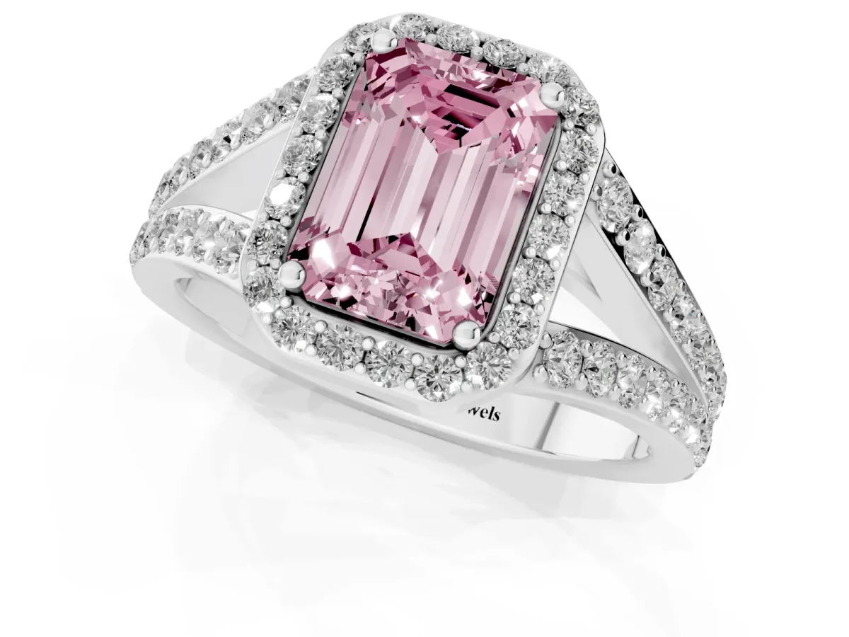 Fancy Pink Emerald Cut Diamond Split Shank Halo Ring with Four-Prong Setting Silver