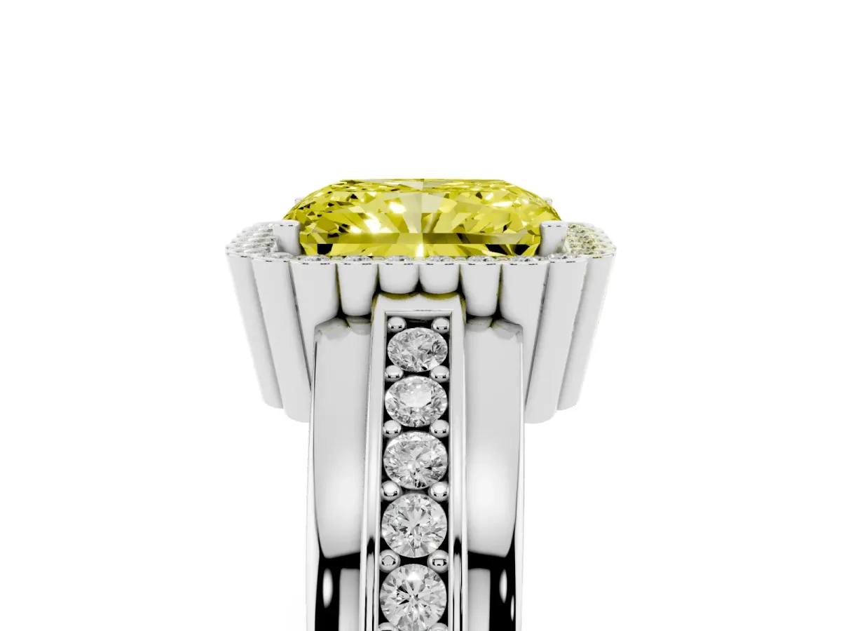 Fancy Yellow Radiant Cut Cut Halo Pave Band Four-Prong Ring Platinum