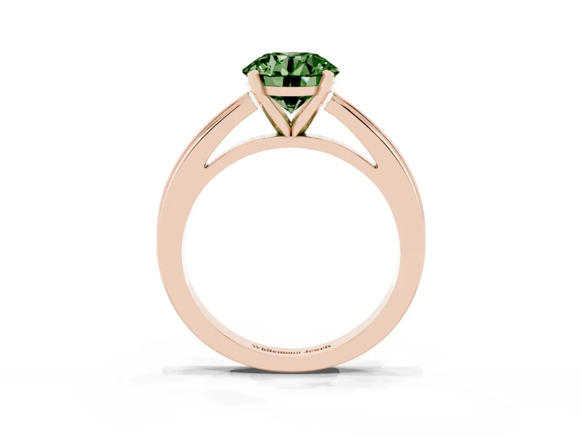 Fancy Green Round Cut Solitaire Diamond Ring with Four-Prong Setting and Classic Band Rose gold