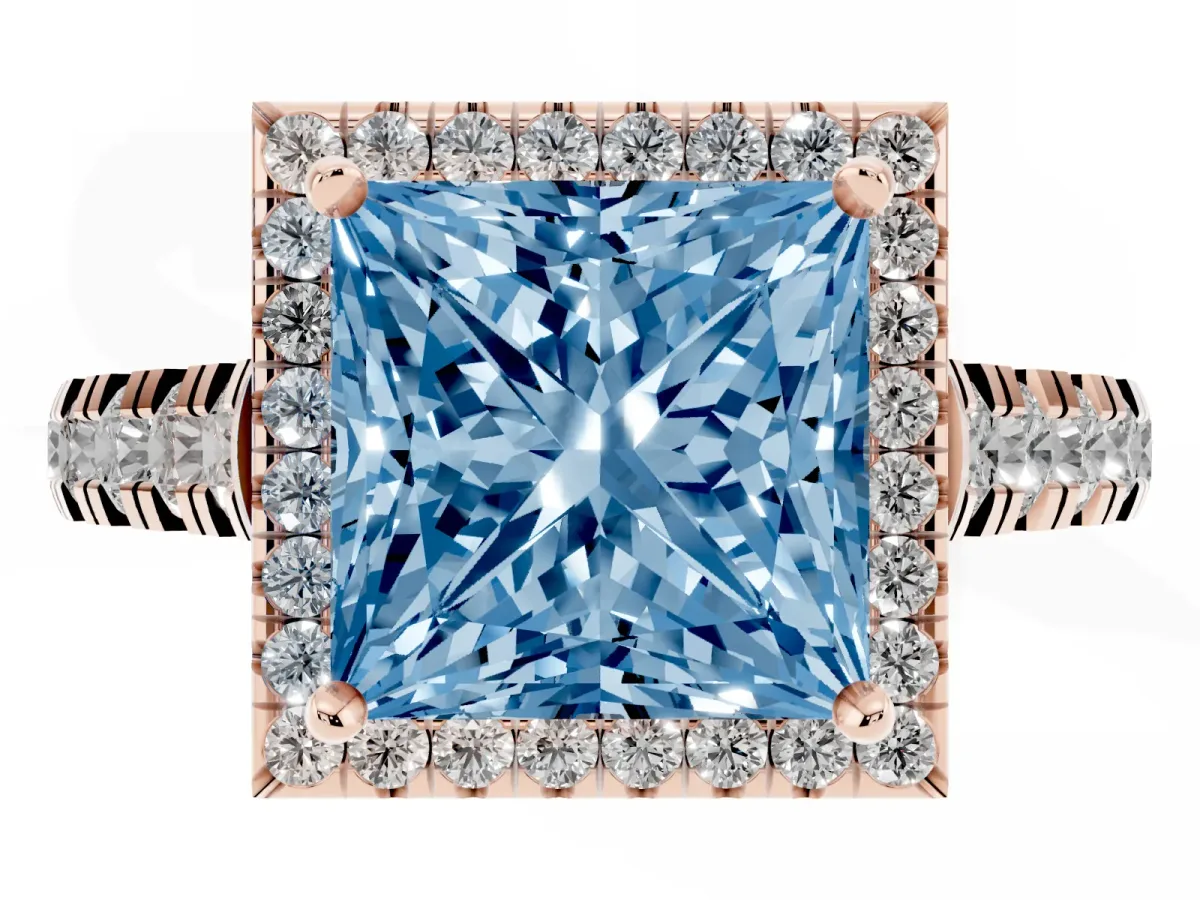 Fancy Blue Princess Cut Halo Pavé Diamond Engagement Ring with Four-Prong Setting Rose gold