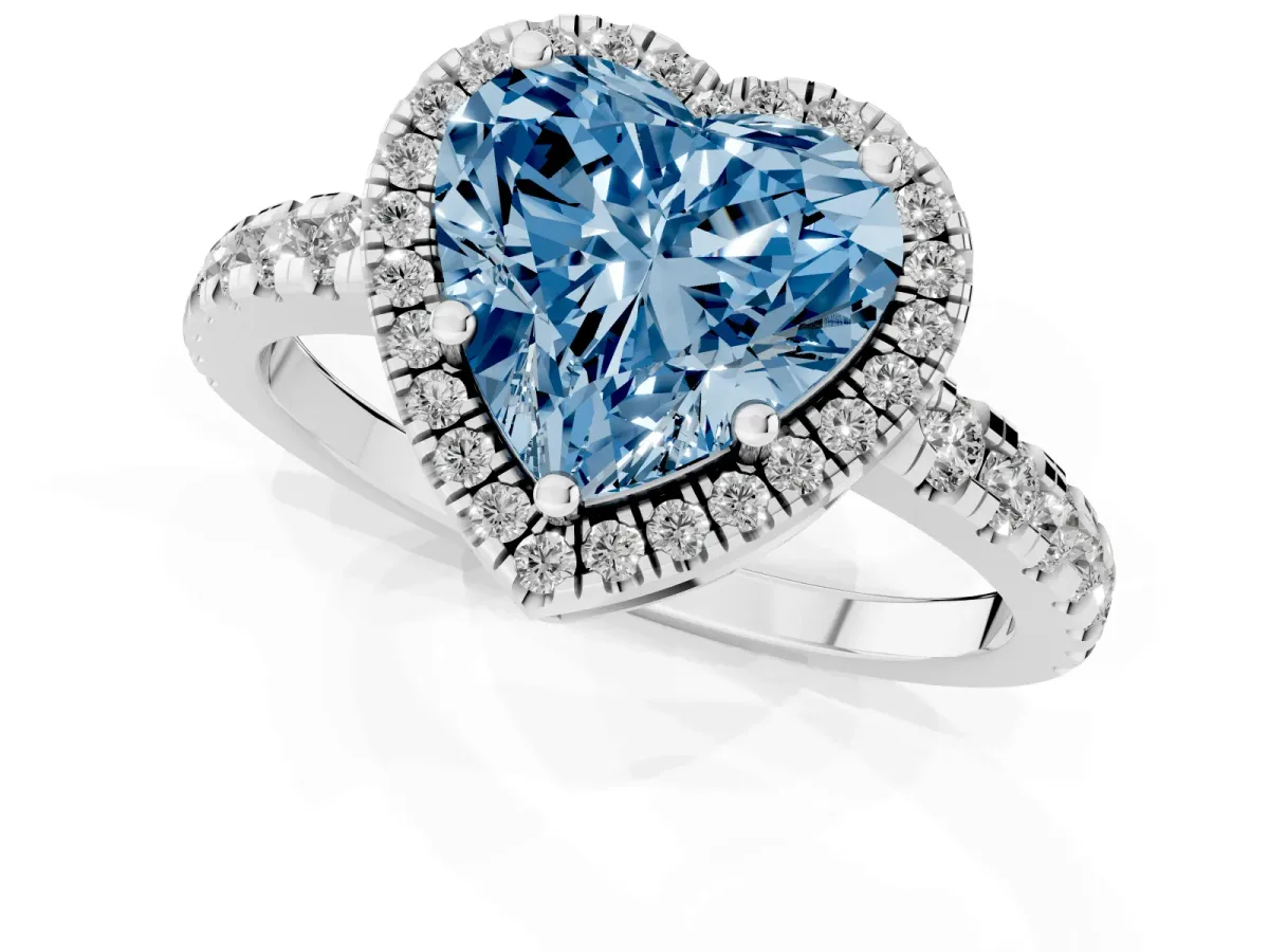 Fancy Blue Heart Cut Diamond Halo Ring with Pavé Band and Four-Prong Setting White gold