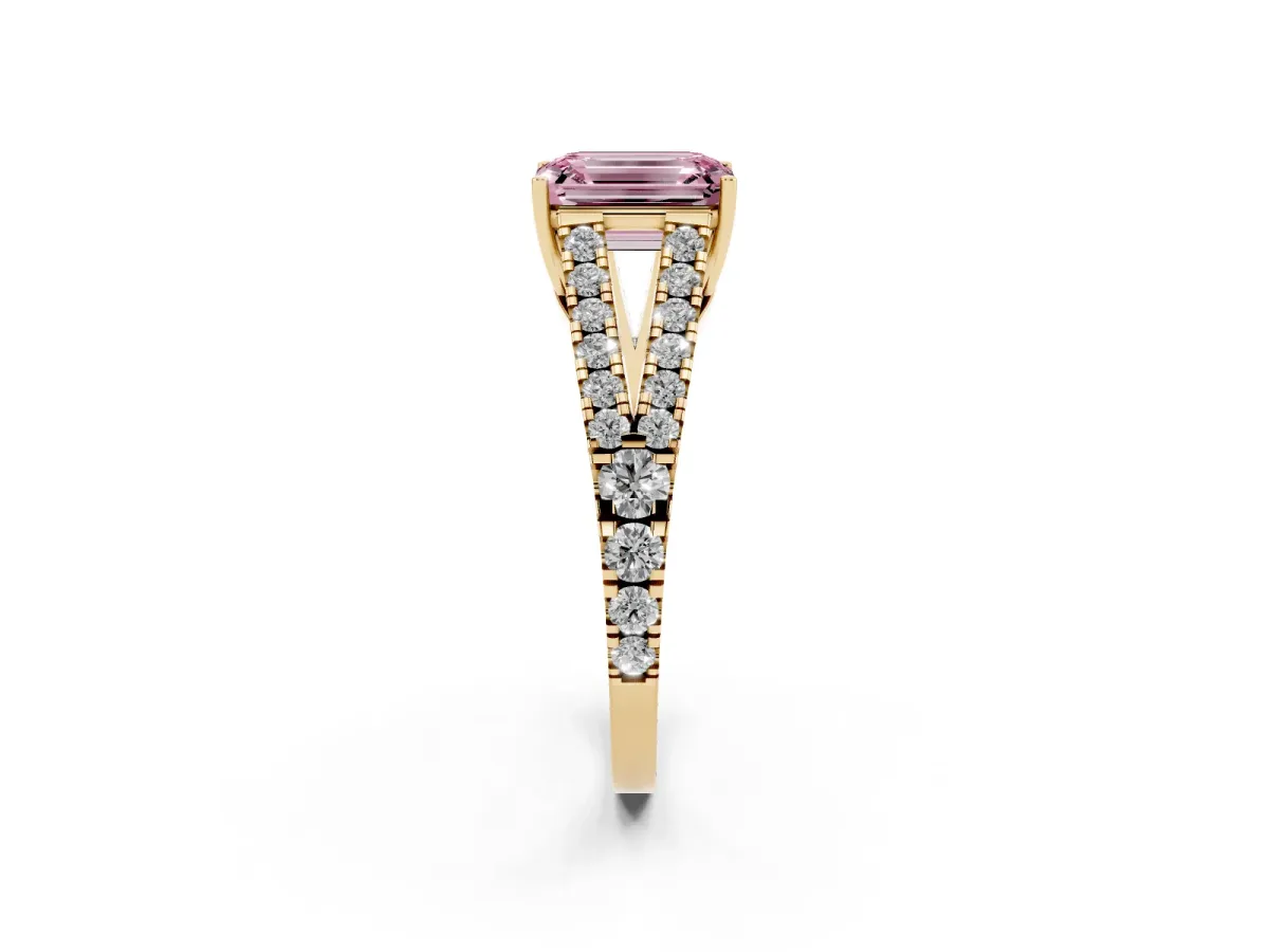 Fancy Pink Emerald Cut Diamond Split Shank Engagement Ring with Round Pavé and Prong Setting Yellow gold