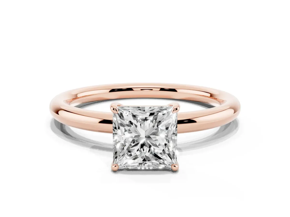 Princess Cut Solitaire Diamond Ring with Four-Prong Setting on a Plain Band Rose gold