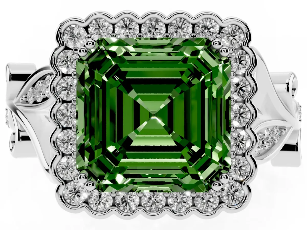 Fancy Green Asscher Cut Diamond Halo Ring with Vintage Split Shank and Four-Prong Setting Silver