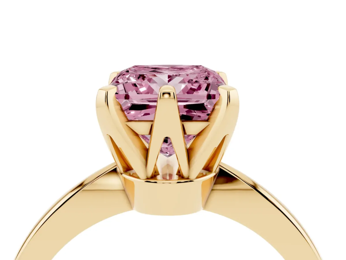 Fancy Pink Princess Cut Solitaire Engagement Ring with Six-Prong Setting and Tapered Band Yellow gold