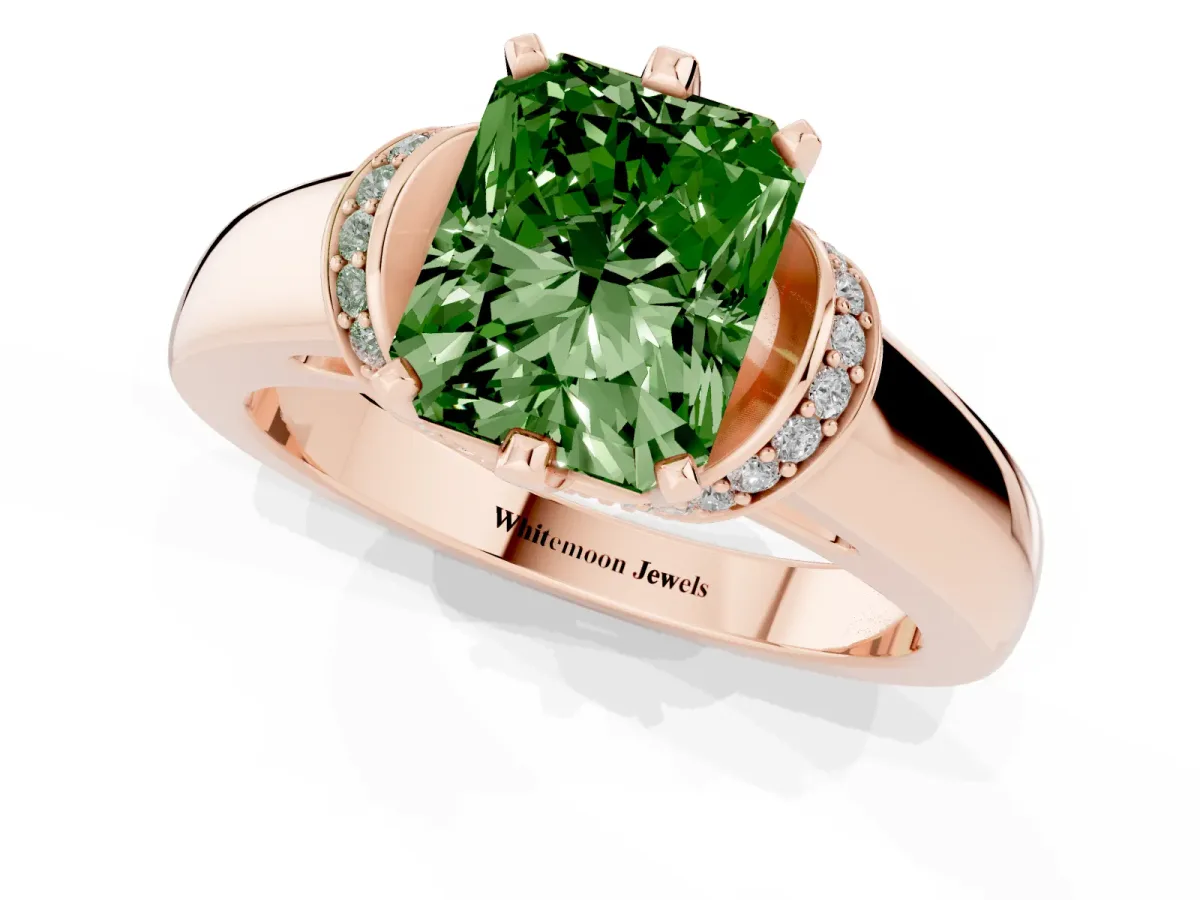 Fancy Green Radiant Cut Solitaire Diamond Ring with Pave Band and Six-Prong Setting Rose gold