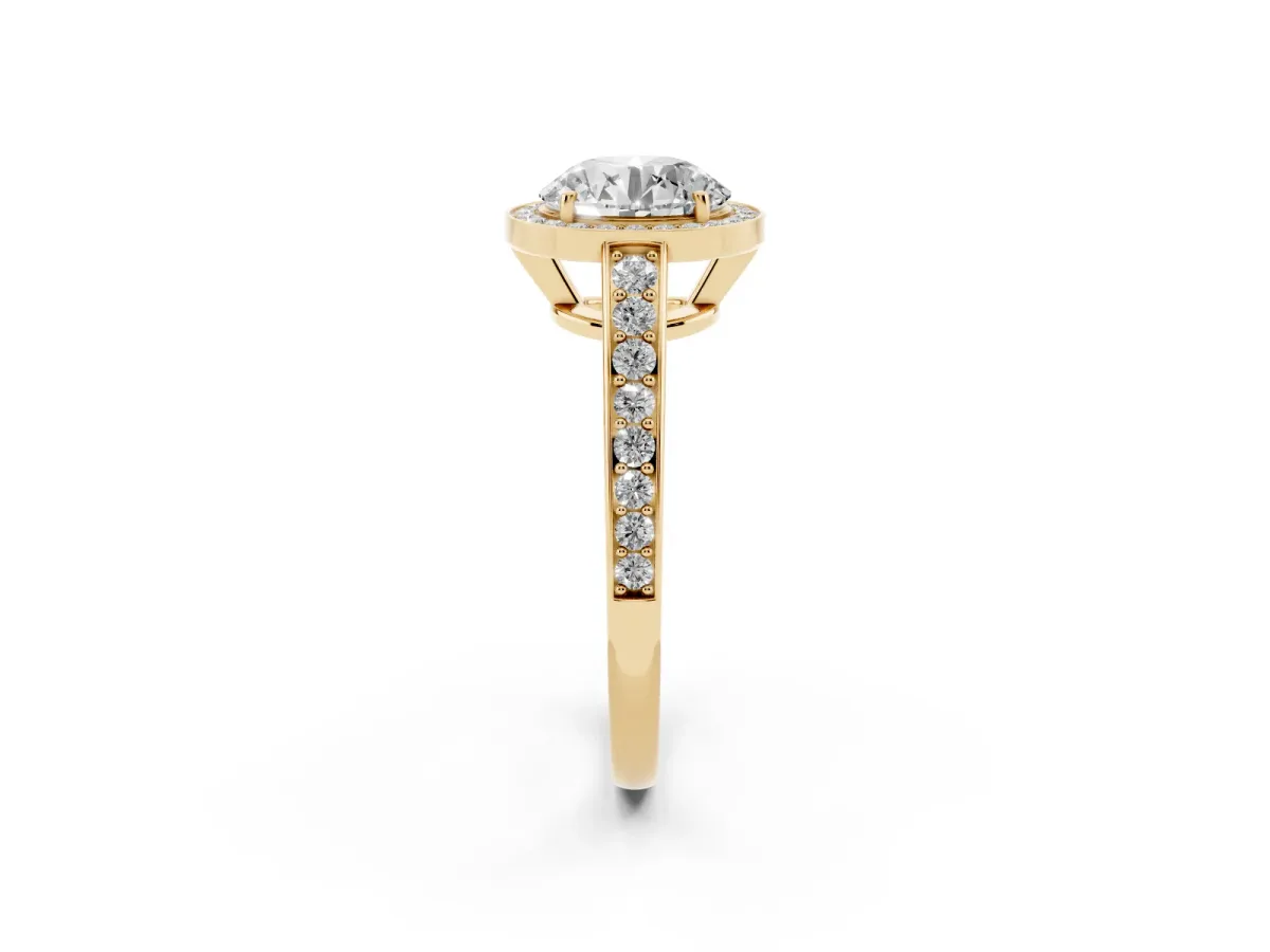 Round Cut Halo Pavé Diamond Engagement Ring with Bezel Setting Yellow gold