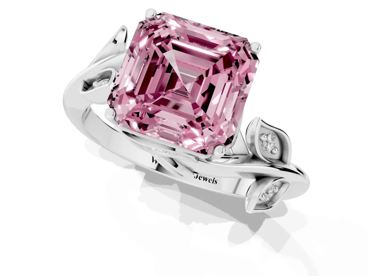 Fancy Pink Asscher Cut Solitaire Twist Engagement Ring with Leaf Accents and Prong Setting Silver
