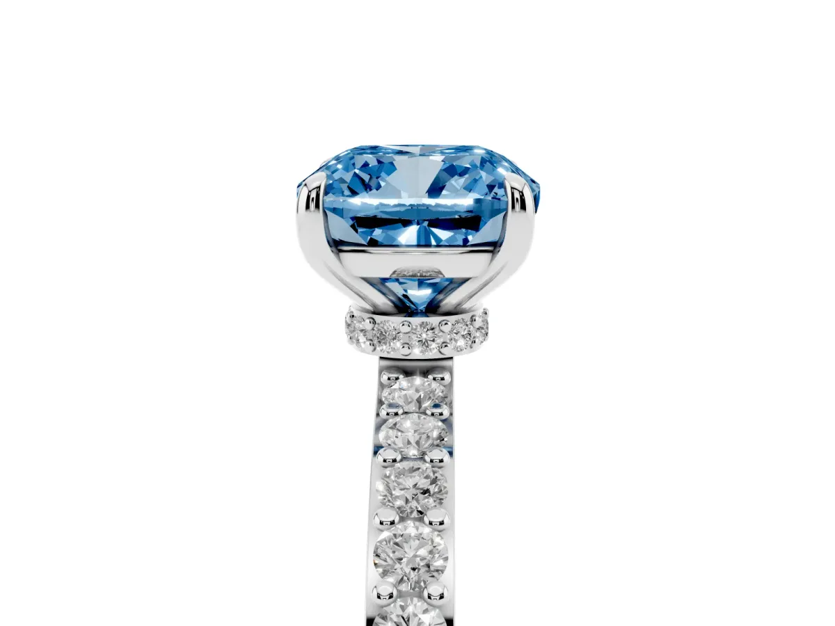 Fancy Blue Cushion Cut Diamond Pavé Engagement Ring with Round Accents and Prong Setting Silver