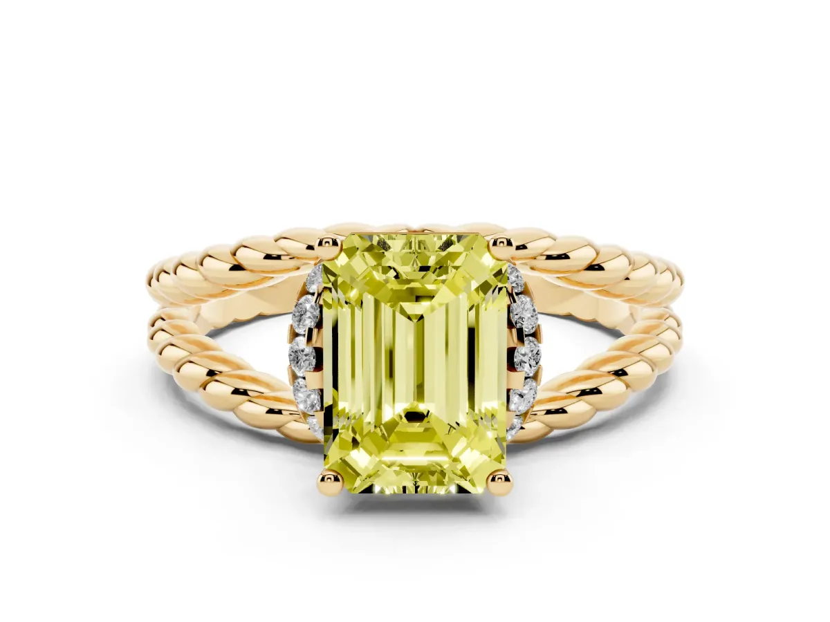 Fancy Yellow Emerald Cut Halo Twisted Band Four-Prong Ring Yellow gold
