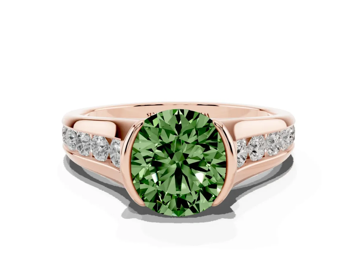 Fancy Green Round Cut Solitaire Bezel-Set Diamond Ring with Channel-Set Band Rose gold