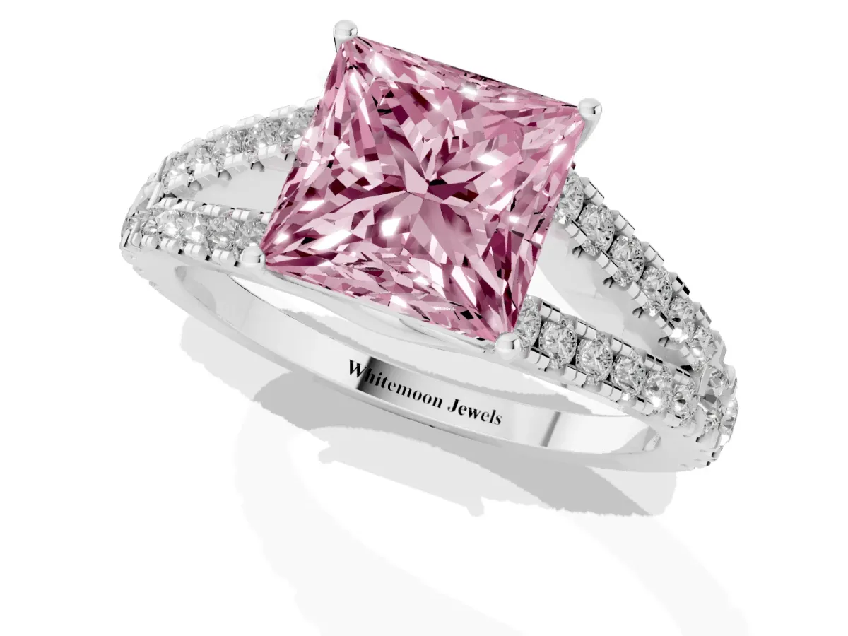 Fancy Pink Princess Cut Diamond Split Shank Engagement Ring with Round Pavé and Prong Setting Silver