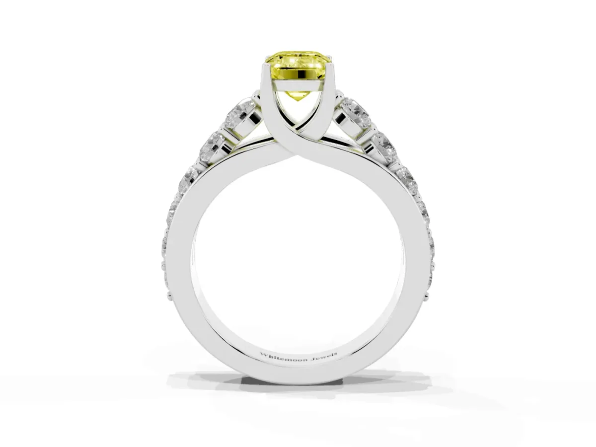Fancy Yellow Emerald Cut Diamond Engagement Ring with Pavé Band and Four-Prong Setting Silver