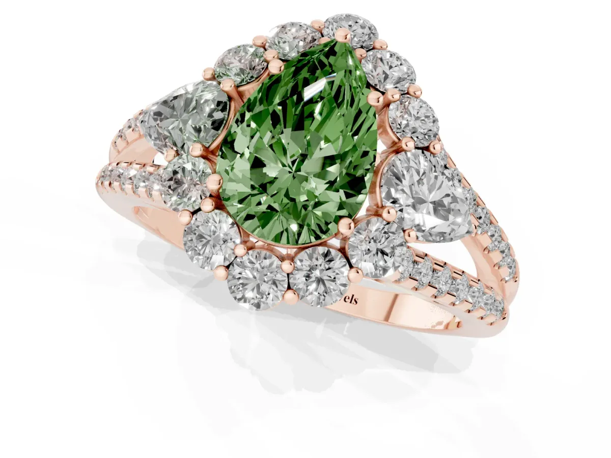Fancy Green Pear Cut Halo Split Shank Diamond Engagement Ring with Prong Setting Rose gold