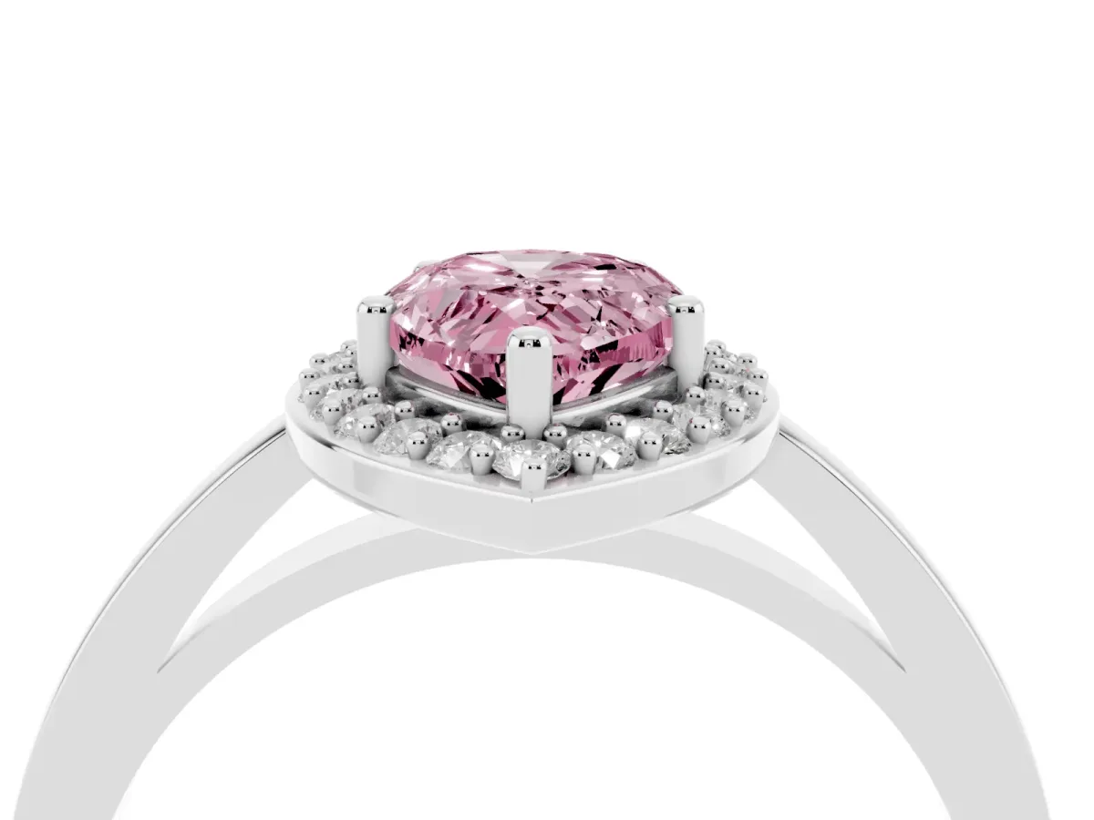 Fancy Pink Pear Cut Halo Diamond Ring with Solitaire Band and Prong Setting Silver