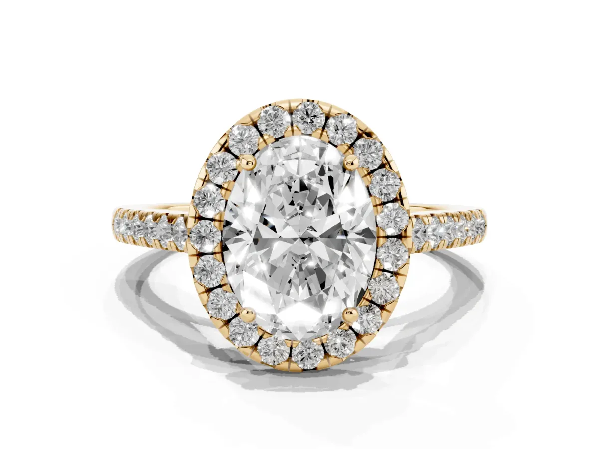 Oval Cut Halo Pave Diamond Engagement Ring with Four-Prong Setting Yellow gold
