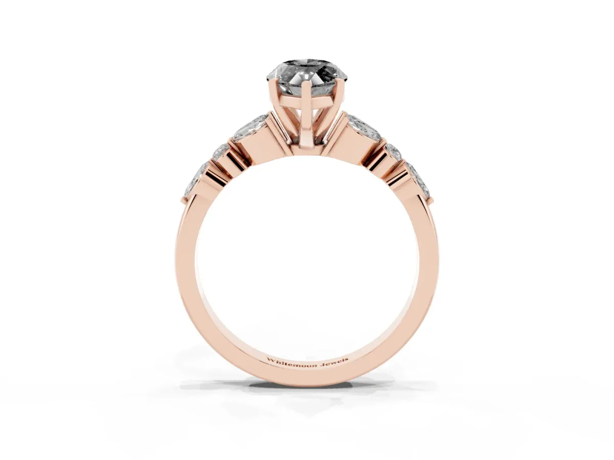 Fancy Black Marquise Cut Diamond Solitaire Ring with Side Stones and Four-Prong Setting Rose gold