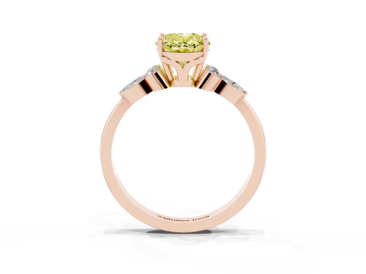 Fancy Yellow Oval Cut Brilliant Diamond Solitaire Ring with Pear Side Stones and Four-Prong Setting Rose gold