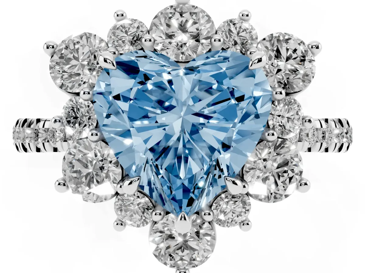 Fancy Blue Heart Cut Diamond Floral Halo Ring with Round Pavé Band and Prong Setting White gold