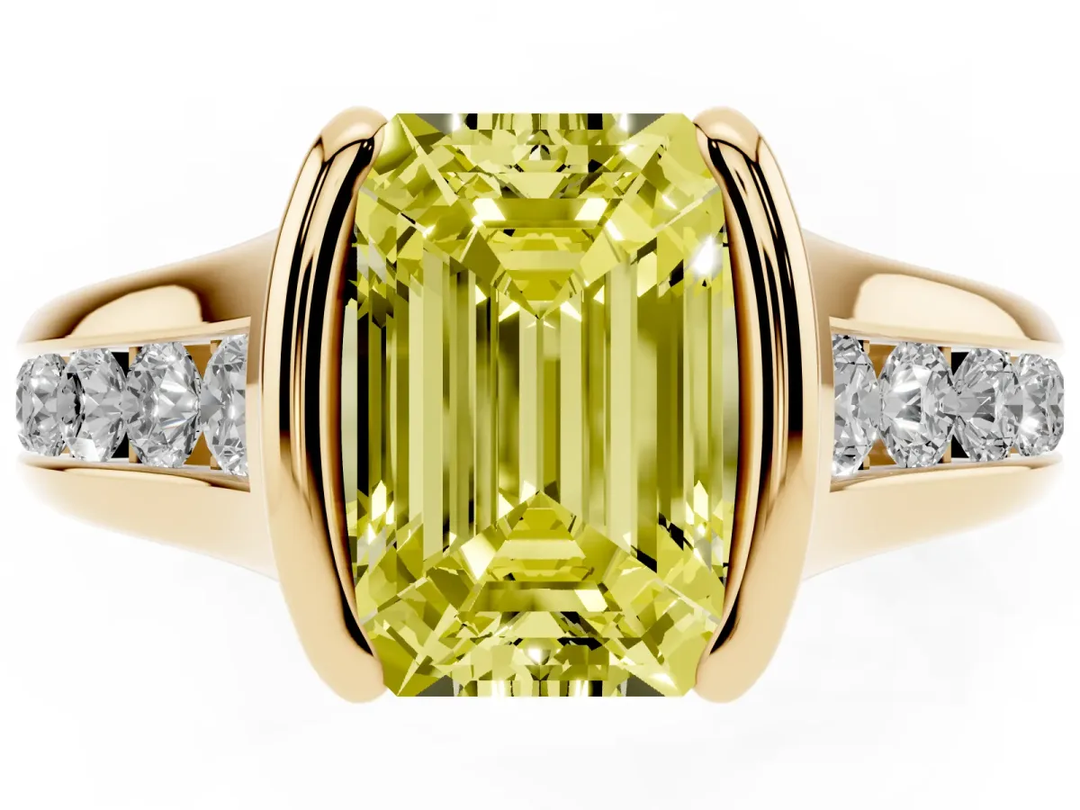 Fancy Yellow Emerald Cut Solitaire Bezel-Set Diamond Ring with Channel-Set Band Yellow gold