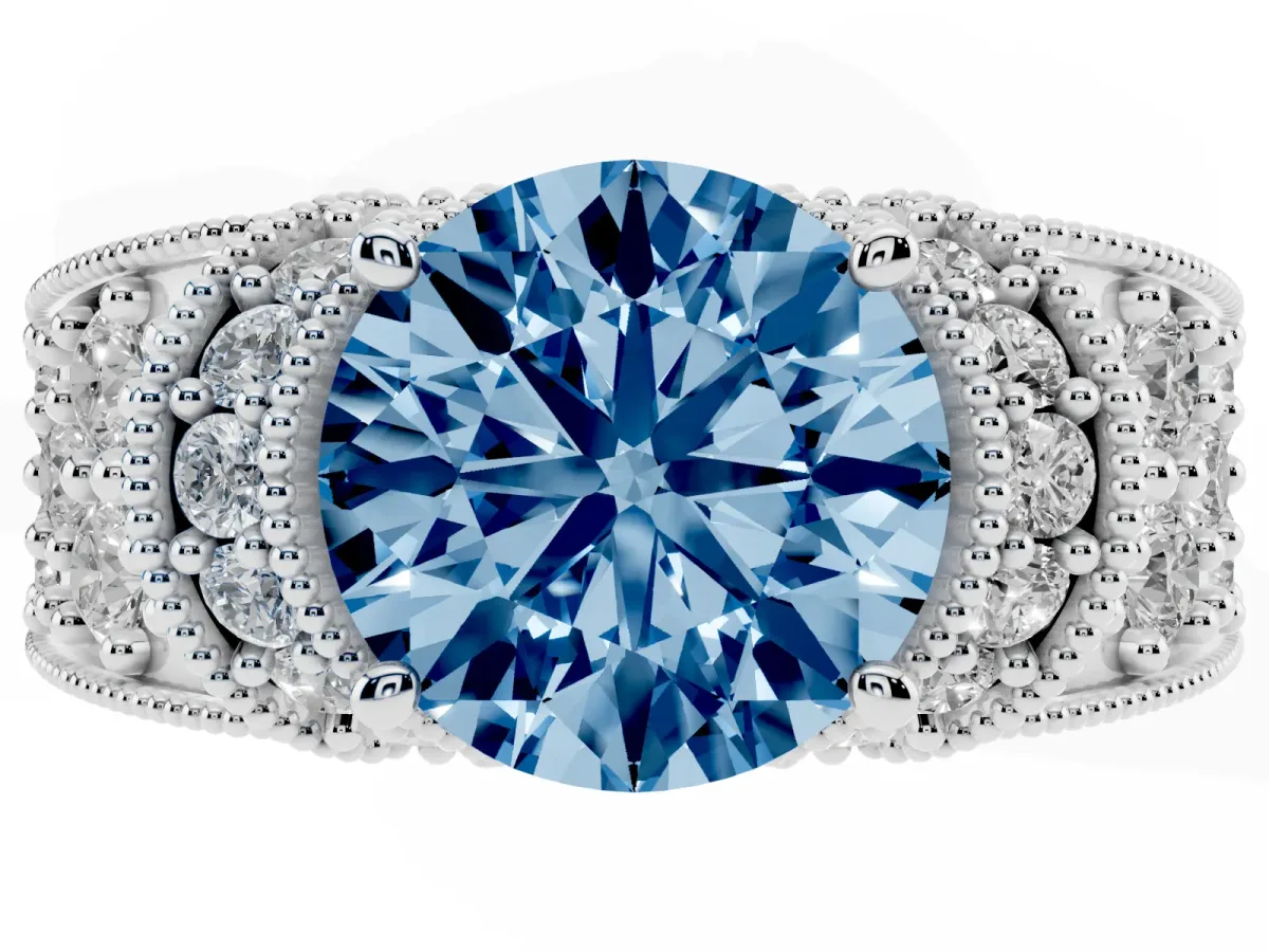 Fancy Blue Round Cut Halo Pave Diamond Engagement Ring with Milgrain Detailing Silver
