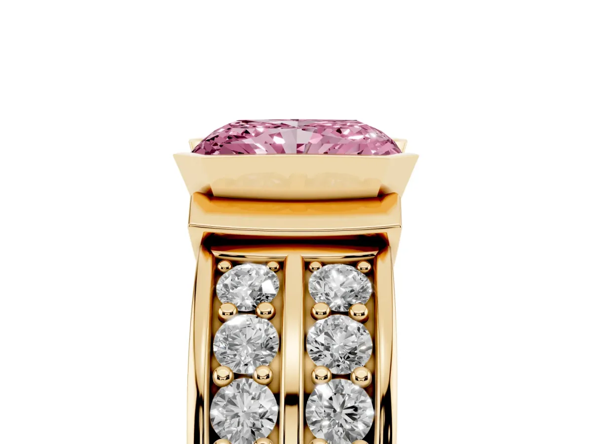 Fancy Pink Radiant Cut Brilliant Diamond Channel Set Wide Band Ring with Bezel Setting Yellow gold