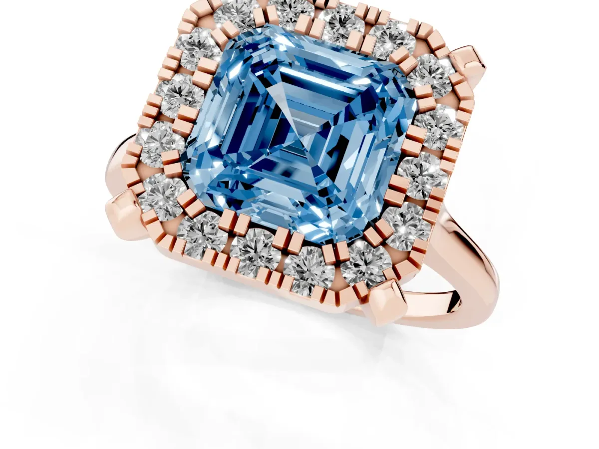 Fancy Blue Asscher Cut Diamond Cluster Halo Solitaire with Four-Prong Setting Rose gold