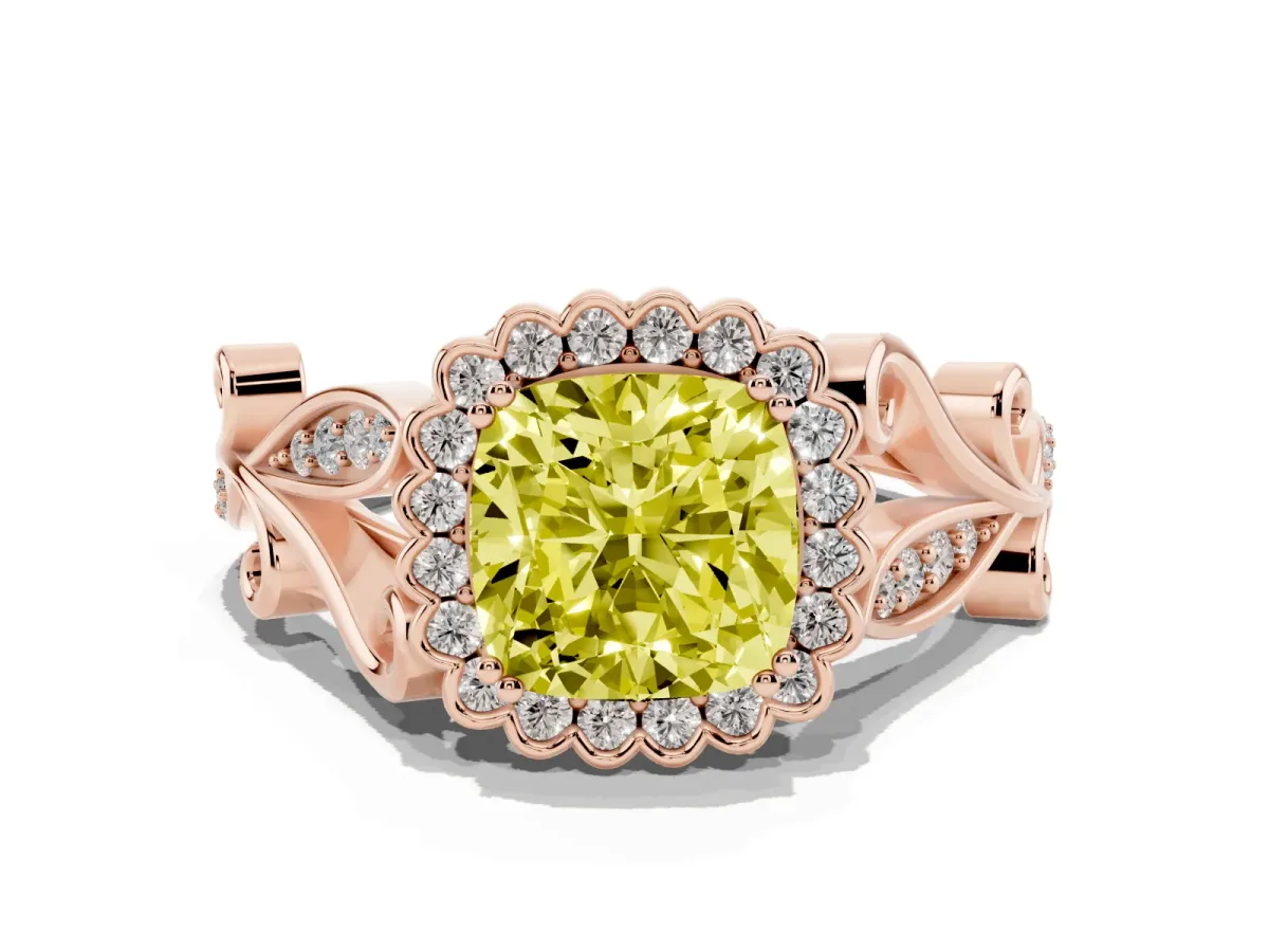 Fancy Yellow Cushion Cut Diamond Halo Ring with Vintage Split Shank and Four-Prong Setting Rose gold