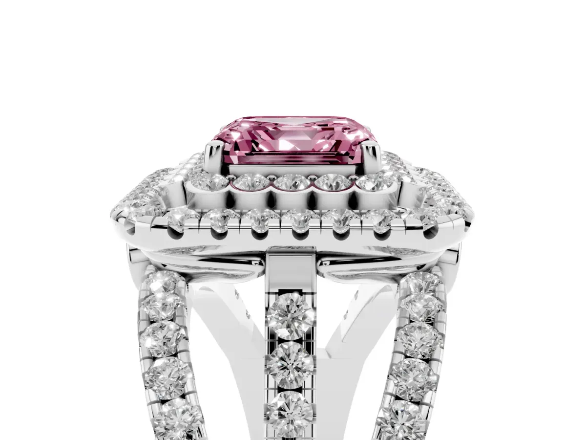 Fancy Pink Asscher Cut Diamond Double Halo Ring with Round Pavé Split Shank and Prong Setting Silver