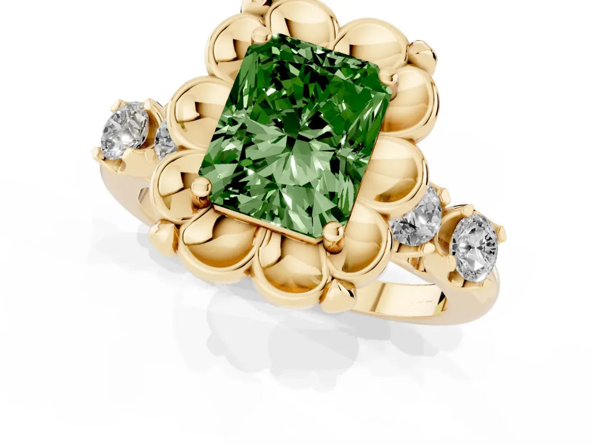 Fancy Green Radiant Cut Cut Diamond Floral Halo Engagement Ring with Shared Prong Setting Yellow gold